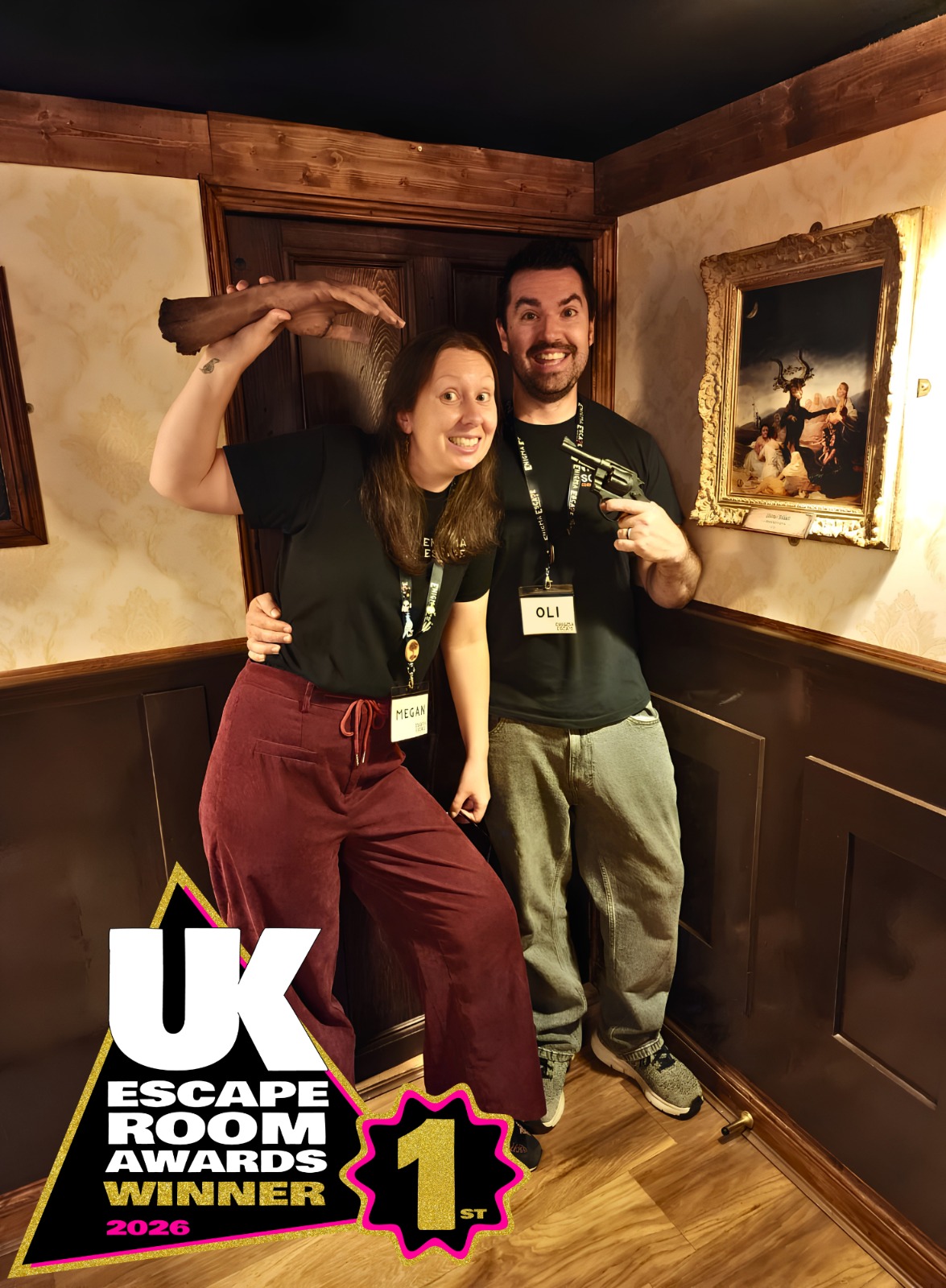 Oli and Megan Eastwood-Wright of Enigma Escape Cornwall celebrating their UK Escape Room Awards win